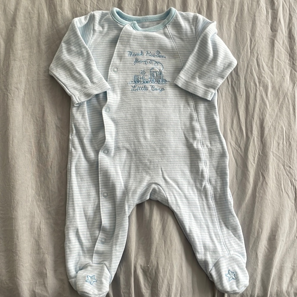 Little Me blue and white striped footed pajamas, size 3M